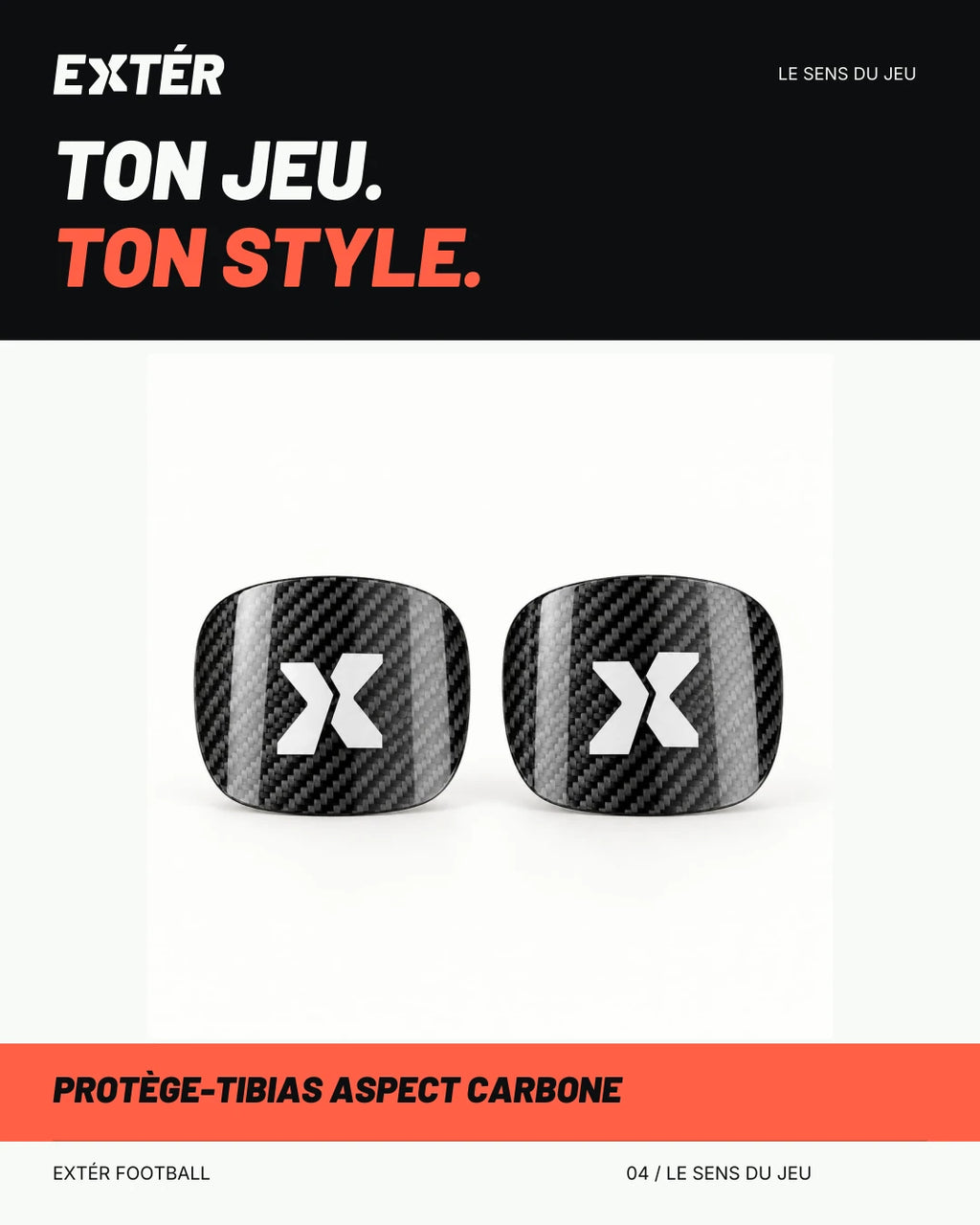 Protège-tibias aspect carbone EXTÉR – visuel de marque