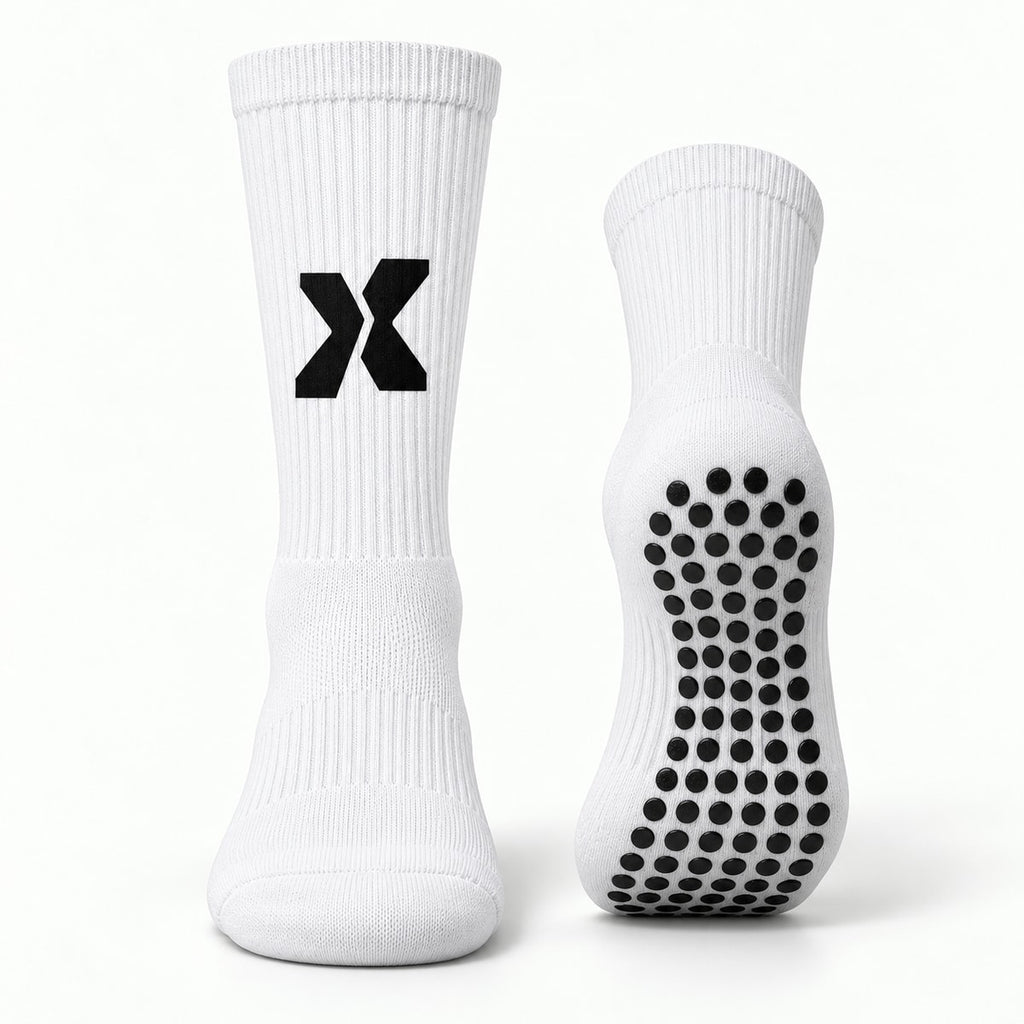 Chaussettes antidérapantes EXTÉR blanches, vue de profil et dessous avec picots