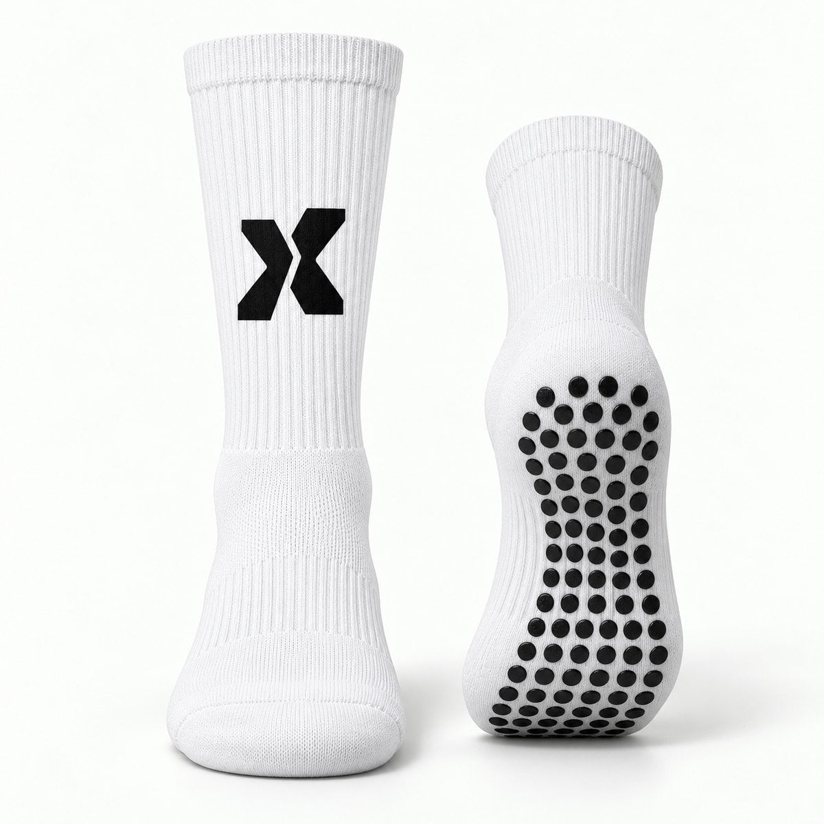 Chaussettes antidérapantes EXTÉR blanches, vue de profil et dessous avec picots