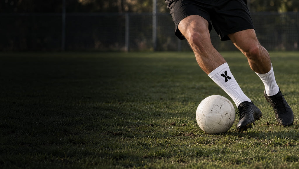Joueur en chaussettes EXTÉR blanches au contact du ballon